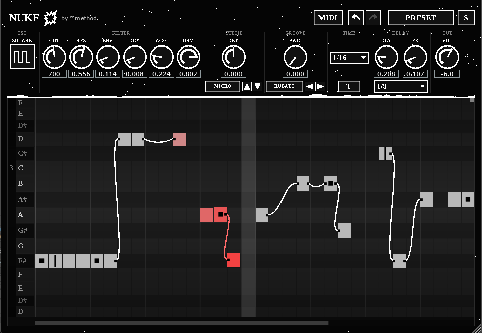 Screenshot of the Nuke audio VST plugin interface by 22 method, showing control knobs, a waveform display, and a grid with red and gray audio envelopes on a dark background.