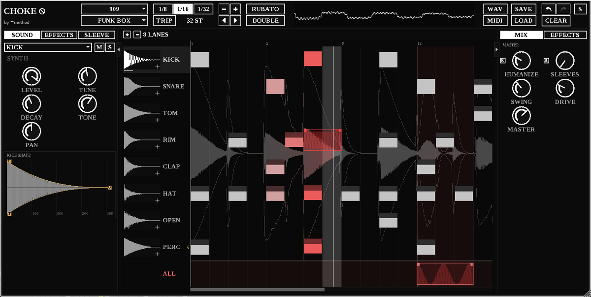 A digital software interface screenshot for a drum machine, showing a dark gray and black layout with red and white waveform graphics, knobs, sliders, and labeled modules such as Kick, Snare, Tom, Rim, Clap, Hat, Perc, and All. Features the brand new Mute Sleeve technology.